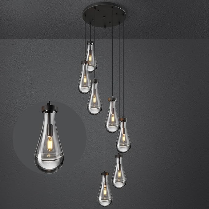 Raindrop Pendant Lights Kitchen Island Teardrop Black Hanging Light Fixtures Clear Solid Glass Pendant Light Modern Chandeliers for Dining Room Porch Corridor Living Room(7-Light)