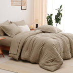 CozyLux Queen Comforter Set Taupe Seersucker 7 Pieces Bed in a Bag Queen Comforter Set with Sheets, Luxury Soft Bedding Set with Down Alternative Comforter, Sheets, Pillowcases & Shams for All Seasons
