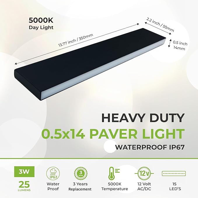 LUMENGY Paver Light Slim 0.5x14 Inch Glare-Free Steel Brick Lighting for Pavers, Walls, Driveway & Pathway Borders 5000K Warm White, Waterproof, Drive-Over Rated - 12V AC/DC