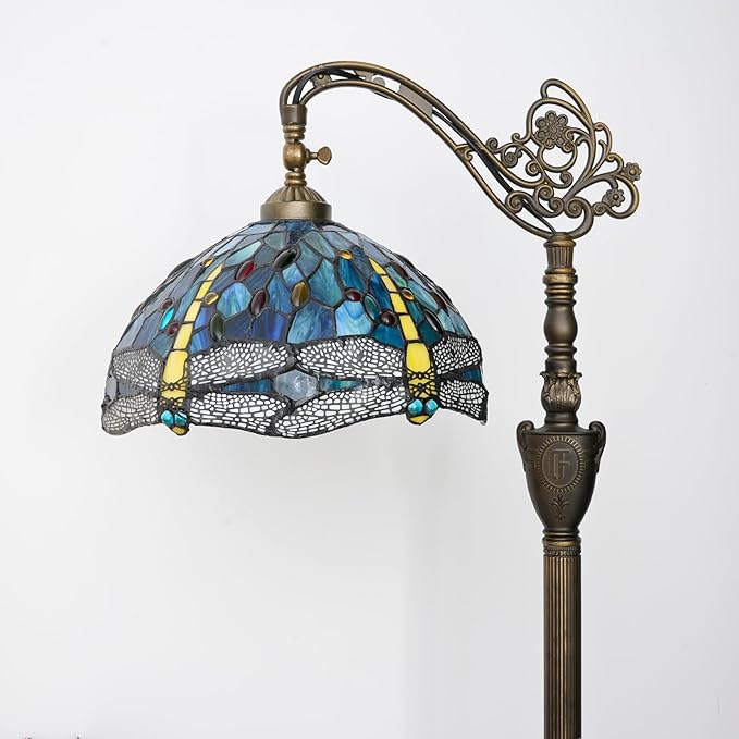 Tiffany Floor Lamp Vintage Standing Lamp Green Blue Dragonfly Stained Glass Floor Light Rustic Corner Gooseneck Floor Lamp with Adjustable Angle for Home Decor Living Room Bedroom 12X12X63 Inches