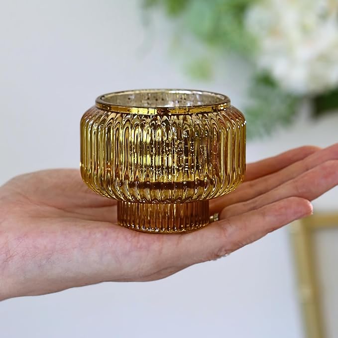 Kate Aspen Taper Candle Holders for Candlesticks, Ribbed Glass Gold Candle Holders Set of 4, Retro Candlestick Stand Decor, Votive Candle Holder Decor Accents for Holiday & Home Decoration Styling