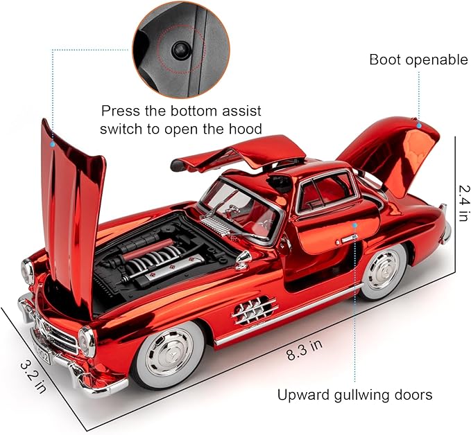 1/24 300SL Diecast Car Model Toy, Collectible 300SL Vintage Car with Sound and Light, Zinc Alloy Pull Back Toy Vehicle for Adult Boys Girls (Red)