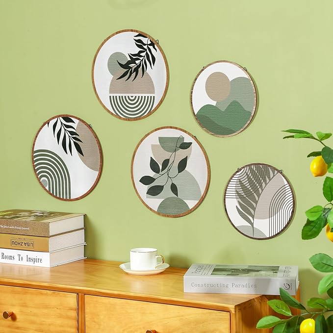 Qunclay 5 Pcs Wall Art Decor Wooden Living Room Wall Decor Bohemian Hanging Farmhouse Geometric 10'' and 8'' Aesthetic Wood Minimalist Posters for Bedroom(Greenery)