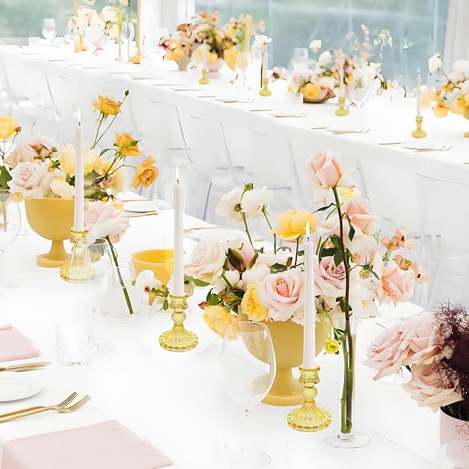 Glass Candlestick Holder,Striped Taper Candle Holders,Set of 6 Candle Stand for Table Centerpieces, Home Decor,Weddings,Festival and Parties (Yellow Dimond)