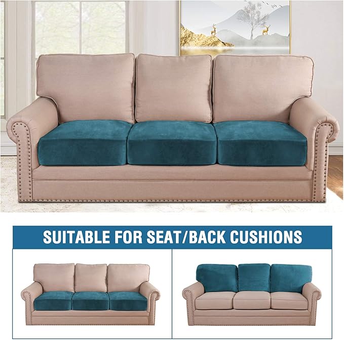 H.VERSAILTEX Velvet Stretch Couch Cushion Cover Plush Cushion Slipcover for Chair Loveseat Sofa Cushion Furniture Protector Seat Cushion Sofa Cover (3 Piece Sofa Cushion Covers, Deep Teal)