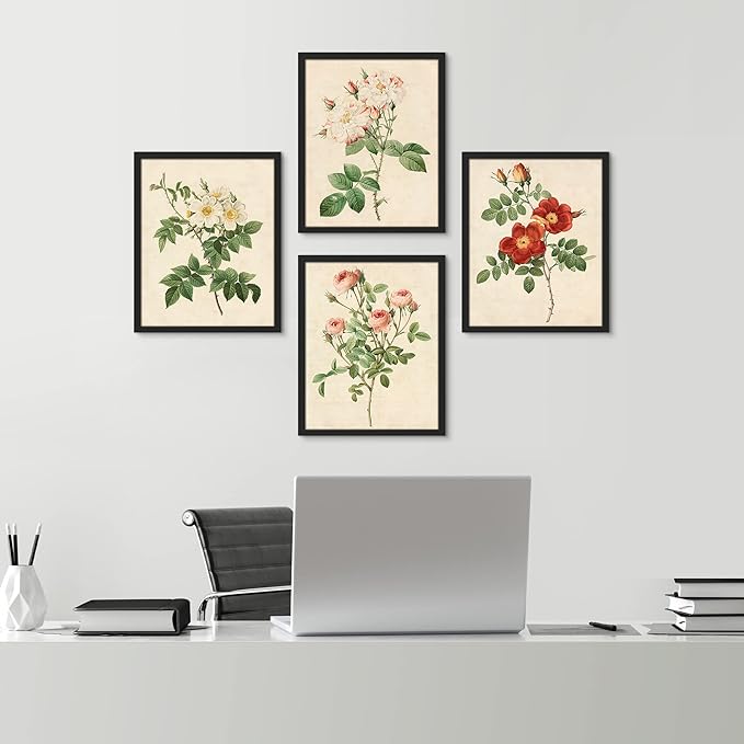 SIGNWIN Framed Vintage Colorful Wildflower Wall Art, Set of 4 Variety Floral Wall Decor Prints, Nature Wilderness Wall Décor for Living Room, Bedroom - 11"x14" Black
