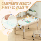 Multi Functional Kids Table and 2 Chairs Set, Graffiti & Building Blocks Double-Sided Tabletop, Toddler Play Table with Drawers, Large Storage Space, Gift for Boys/Girls, Burlywood