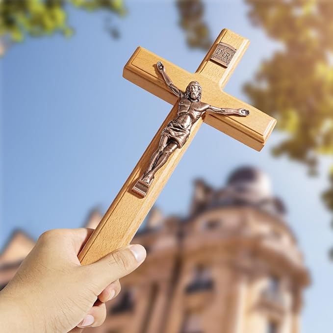 ACHIBANG Catholic Crucifix Wall Cross – 12 Inch Wooden Jesus Cross for Wall, Faithful Christian Cross Wall Gift for Prayer Room, Home, Confirmation or Easter