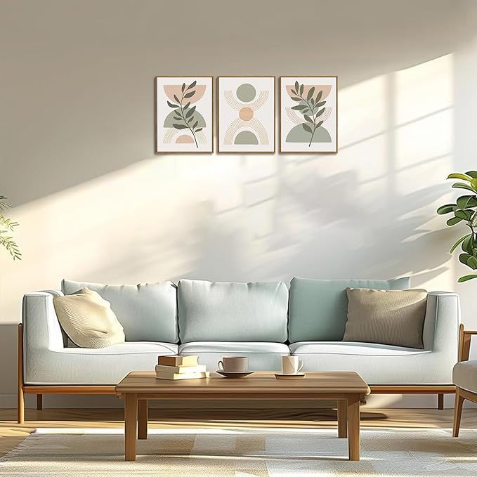 Bwodke Boho Wall Art, Framed Abstract Wall Art, Green Botanical Neutral Canvas Wall Decor, Large Mid Century Plant Pictures Set of 3, Modern Minimalist Paintings, for Bedroom Living Room Bathroom