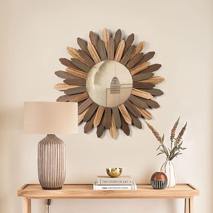 Honiway Boho Wall Decor 21 inch Wall Mirror Rustic Wood Decorative Mirror for Room Decor Rustic Home Decor Farmhouse Wall Decor at Living Room Bedroom Bathroom Hallway Trilcolor