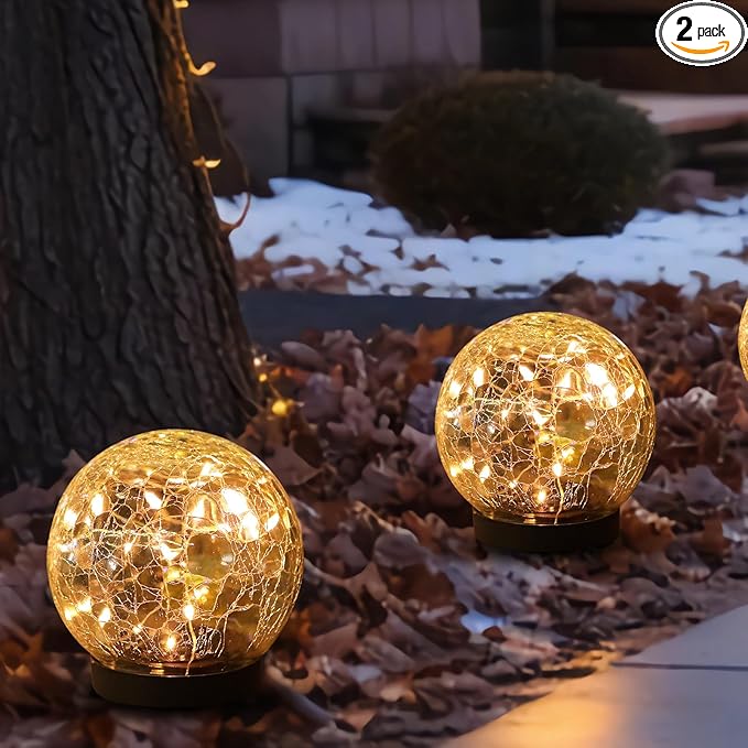 Solar Globe Lights Outdoor Waterproof-Solar Balls-Solar Garden Lights-Orbs for Outside 2 Pack Cracked Glass Ball for Lawn Patio Yard Backyard Decorations