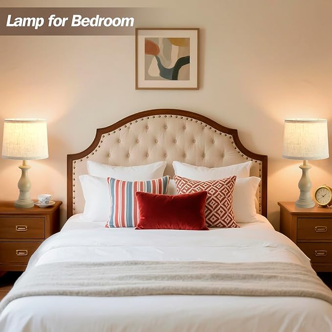 Vintage Table Lamp for Living Room Bedroom, 18.5" Farmhouse Bedside Lamps Nightstand Lamp Set of 2, Table Lamps with Oatmeal Linen Lamp Shades, 2 LED Bulbs Included, White Stripe