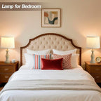 Vintage Table Lamp for Living Room Bedroom, 18.5" Farmhouse Bedside Lamps Nightstand Lamp Set of 2, Table Lamps with Oatmeal Linen Lamp Shades, 2 LED Bulbs Included, White Stripe