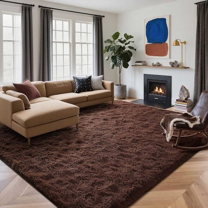 8x10 Ft Extra Large Shag Rugs for Living Room, Ultra Soft Fluffy Furry Area Rugs for Bedroom Indoor Floor, Aesthetic Carpet for Kids Home Decor (Brown)