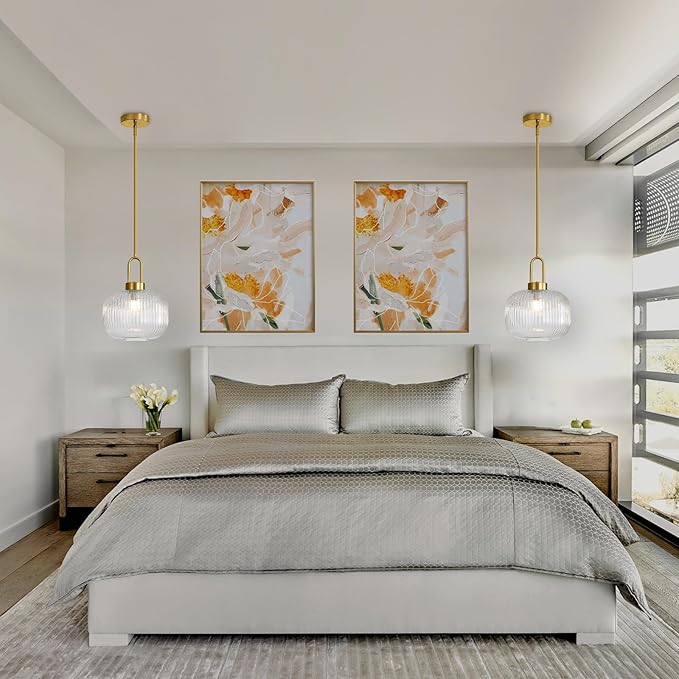 Modern Clear Glass Pendant Light Fixtures, Mid Century Pendant Lights for Kitchen Island, 9.8" Gold Adjustable Height Ceiling Hanging Light Fixtures for Dining Room Entryway Bedroom Foyer Hallway