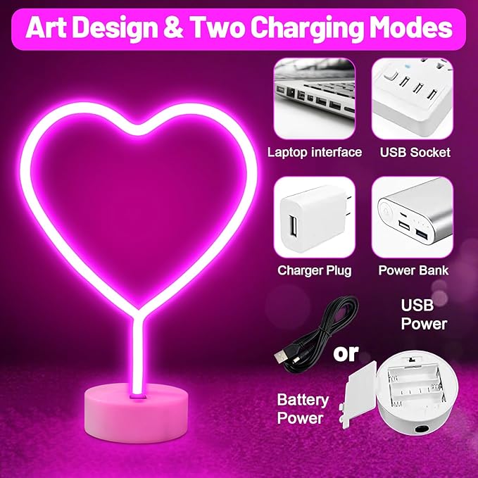 BRIGHTDECK 2 Pack Heart Neon Signs, LED Lights Battery Operated or USB Powered Decoration Lamp, Neon Lights Decor for Valentine's Day Gifts, Wedding, Party, Pink Room Decor (Pink Heart)