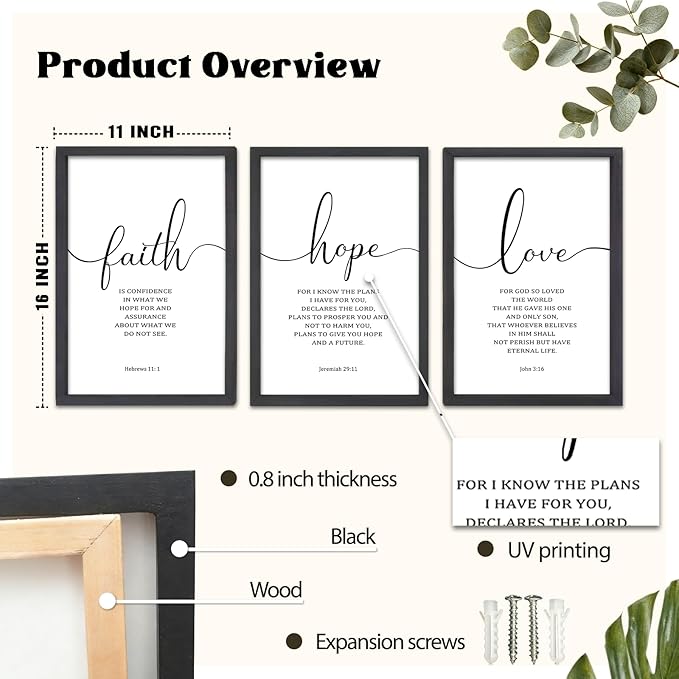 FZMHASLWW Faith Hope Love Sign Wall Decor 16"×11" Set of 3 Bible Verse Christian Scripture Wooden Framed Wall Hanging Art (Black)