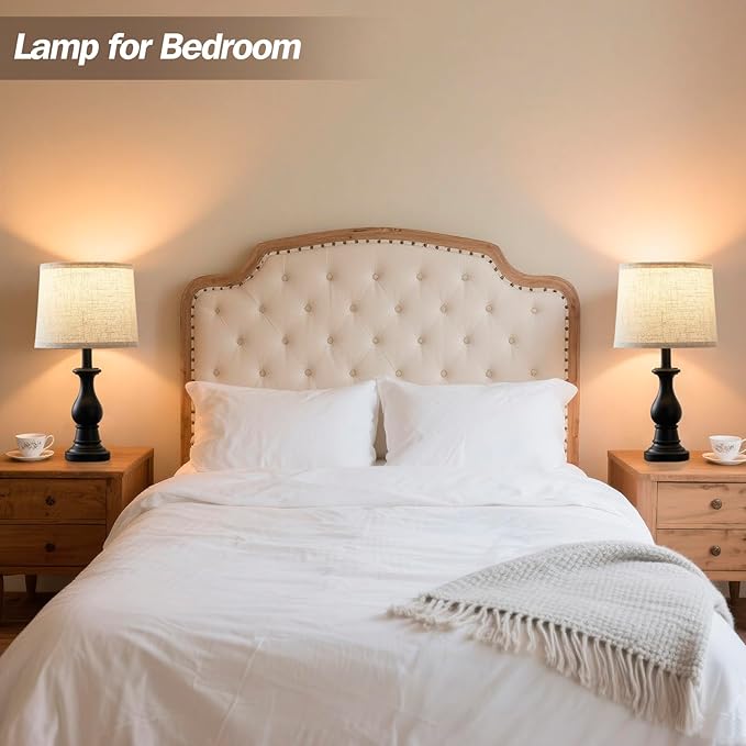 Vintage Table Lamp for Living Room Bedroom, 18.5" Farmhouse Bedside Lamps Nightstand Lamp Set of 2, Table Lamps with Oatmeal Linen Lamp Shades, 2 LED Bulbs Included, Black