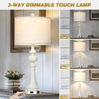 28" Farmhouse Lamps Set of 2, Vintage 3-Way Dimmable Touch Control Table Lamps with USB A+C Fast Ports & AC Outlets, Rustic Traditional Classic Bedside Nightstand Lamps for Living Room Bedroom White