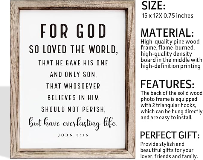 Christian Wooden Sign, Living Room Decors, Bible Verse Decor, Rustic Home Decor, Religious Artwork for Wall, Framed Wall Plaque Sign 15 * 11.5 inches, For God So Loved the World