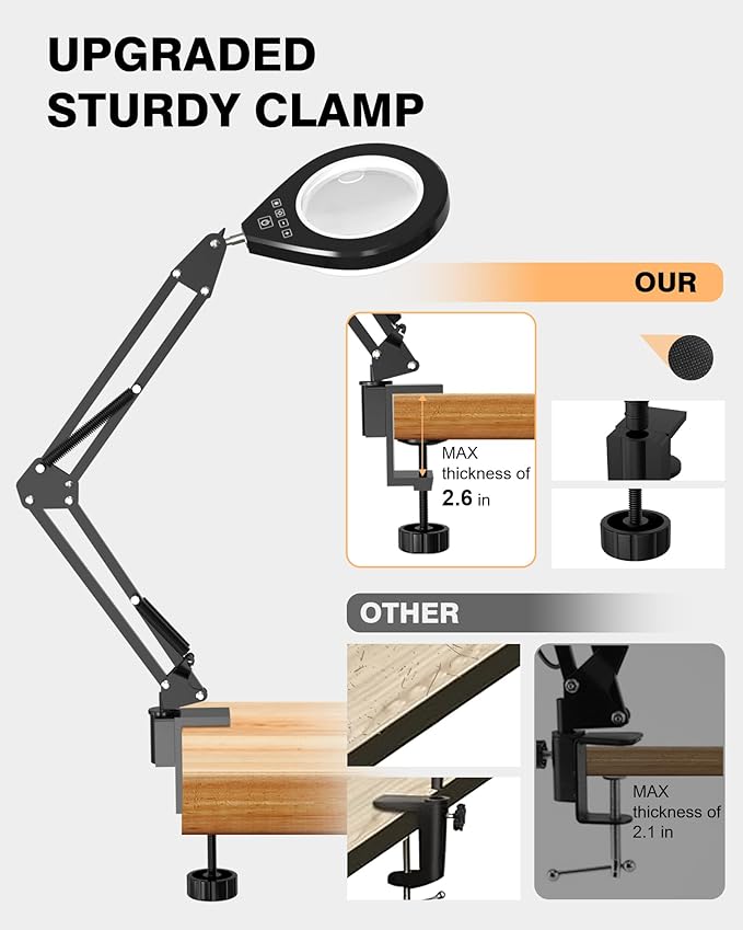 Magnifying Glass with Light, 10X & 5X Real Glass & Anti-Glare Lens, 5 Color Mode Stepless Dimmable LED Desk Magnifying Lamp, Hands-Free Desk Lamp with Clamp for Crafts Reading Repair Hobby (White)