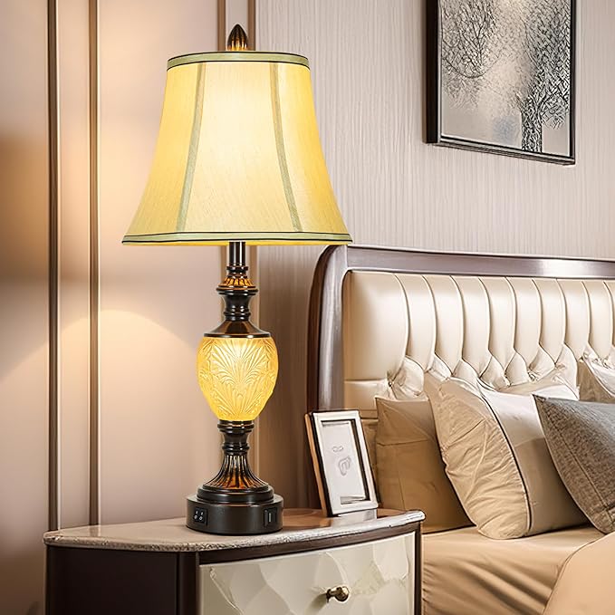 27'' High Vintage Table Lamp Set of 2 for Living Room Farmhouse Bedside Lamp with Fabric Shades Boho Nightstand Lamp with USB and Nightlight for Bedroom Home Office Hotel Bar (Bulb Included)