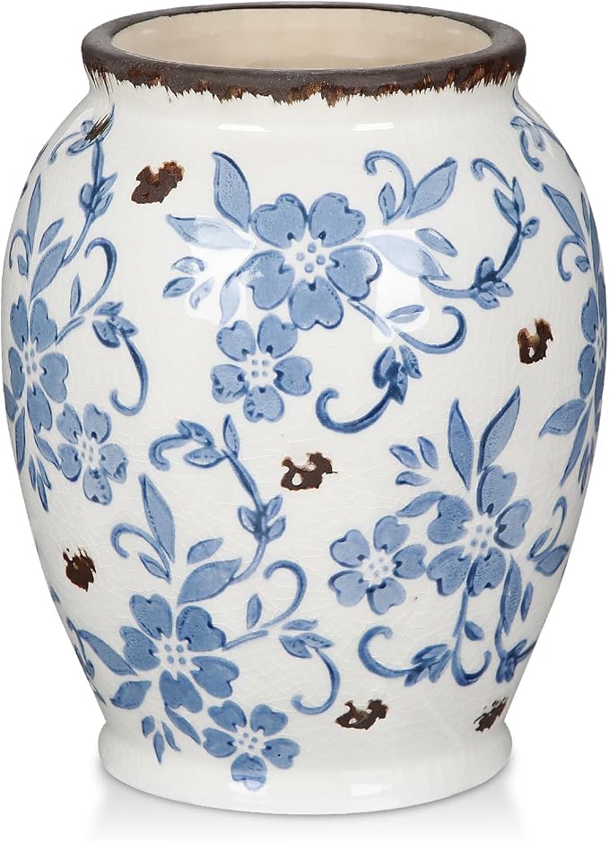 Hollyone Blue and White Porcelain Vase Large Chinoiserie Floral Vintage Tall Blue Ceramic Vases for Home Mantle Shelf Living Room Table Centerpieces Decor, 7 Inch