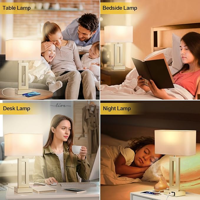 Bedroom Table Lamps Set of 2 - Touch Bedside Lamps with USB C+A, 3 Way Dimmable Gold Lamp for Nightstand, Modern Night Stands Lamps for Living Room End Tables Desk Bed Side Study Room(16.4n)