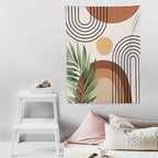 Abstract Bohemian Mid Century Tapestry, Tropical Leaves Modern Geometric Archway Minimalist Bohemian Botanical Aesthetic Wall Hanging, Sage Green Gold Home Decor Art for Bedroom 60x80 Inch