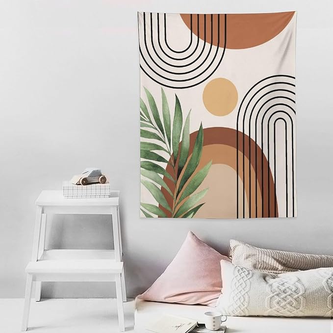 Abstract Bohemian Mid Century Tapestry, Tropical Leaves Modern Geometric Archway Minimalist Bohemian Botanical Aesthetic Wall Hanging, Sage Green Gold Home Decor Art for Bedroom 60x60 Inch
