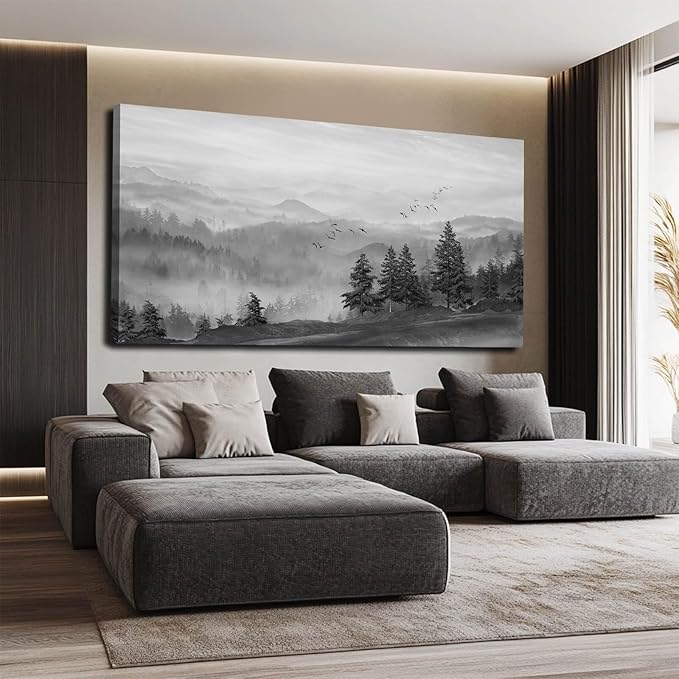 SOUGUAN Grey Wall Decor Foggy Mountain Wall Art Tree and Bird Pictures Artwork for Walls Living Room for Bedroom Kitchen Dining Room Home Office 30x60 Inch