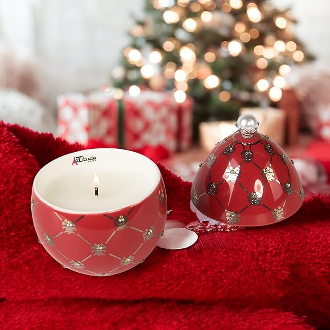 Christmas Candles | Scented Egg Candle with Cinnamon, Caramel, and Nutmeg | Elegant Christmas Decor & Gift | Warm Holiday Ambiance for Living Room and Gatherings | 14 Cm | Red