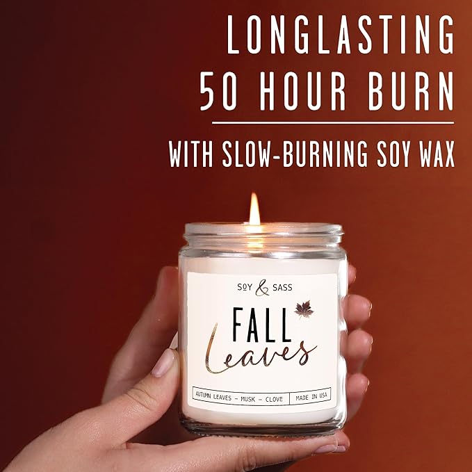 Fall Candles - 'Fall Leaves' Fall Candle w/Autumn Leaves, Clove & Musk I Infused with Essential Oils I Autumn Scented Candles I Cozy Cute Autmn Décor Gifts I 9oz Jar I 50Hr Burn I Made in USA