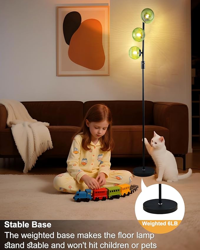 Lightdot Dimmable Floor Lamp for Living Room with 3 Green Glass Globe Shade, Black Pole Standing Lamps with 3000K G9 Bulbs, Mid Century Modern Floor Lamp for Living Room Bedroom Home Office