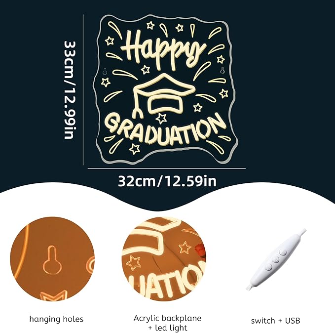 WLHOPE Happy Graduation Neon Sign Dimmable Led Signs for graduation ceremony Wall Decor, Neon Lights USB Powered Transparent Acrylic Board Sign for classroom dorm school Decoration12.6 * 12.99 inch