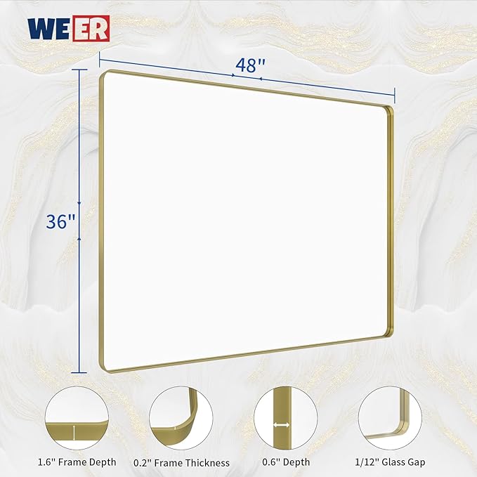 WEER Gold Bathroom Mirror, 48X36 Inch Brushed Gold Metal Frame Mirror, Rounded Rectangle Gold Bathroom Vanity Mirror for Wall, Tempered Glass, Anti-Rust, Hangs Horizontally or Vertically