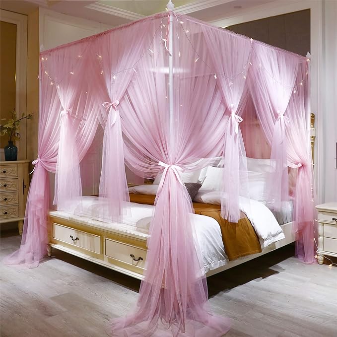 VETHIN 4 Corners Post Princess Bed Canopy Curtain Double Layer Cozy Drape Netting 4 Opening Mosquito Net for Girls & Adults Bedroom Decoration Accessories (Double Pink, 47" W*78" L*82"*H/Twin)