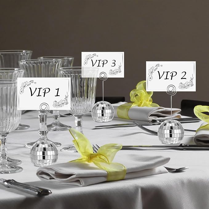 24 Pcs Disco Ball Table Number Holders, 2 Inch Silver Place Card with Swirl Wire Name Cards, Picture Holder for Tables, Photo Stand Clips for Christmas Wedding Party Favor