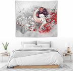 Japanese Geisha Tapestry Asian Red Cherry Blossom Traditional Kimono Folk Tapestries Home Decor for Living Room Bedroom Apartment Farmhouse Dorm 60"x50"