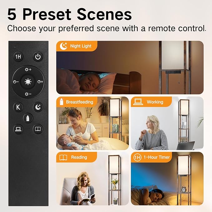 OUTON Floor Lamp with Shelves, Dimmable Shelf Floor Lamp with Remote, 1USB & 1 Type C Ports, 1 Power Outlet, Modern Standing Lamp with 4 Color Temperature for Living Room, Bedroom, Vintage