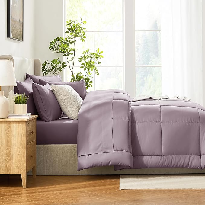 CozyLux Full Size Comforter Set Dusty Purple - 7 Pieces Bed in a Bag Dusty Purple Comforter Full Size, Bedding Set with All Season Quilted Comforter, Flat Sheet, Fitted Sheet, Pillowcases