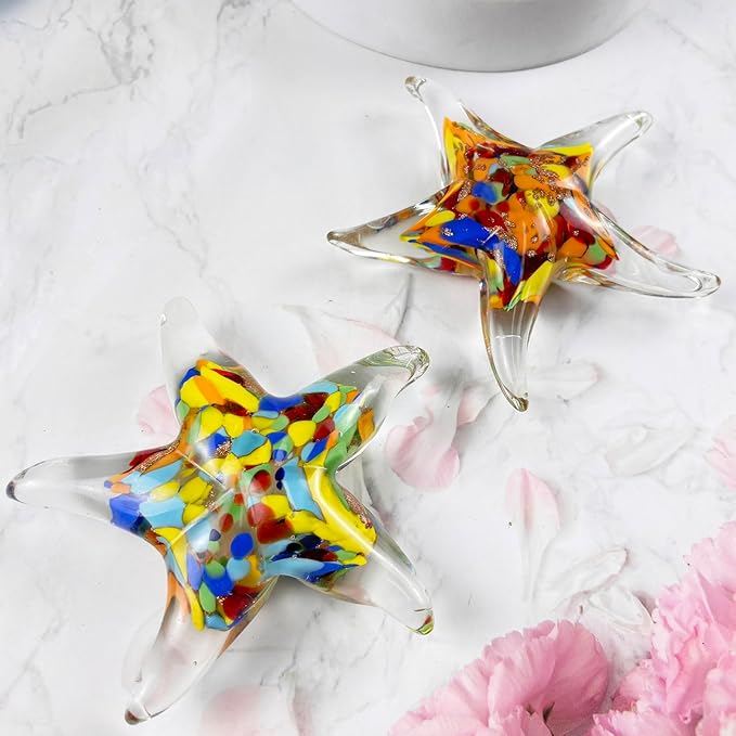 Crystal Star Fish Figurine Hand Blown Glass Starfish Statue Collectibles Ocean Art Sea Animal Home Table Decor Gift Colorful Red 5.5''