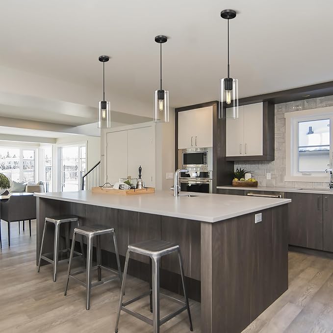 Modern Black Pendant Lights Kitchen Island 2 Pack Glass Pendant Light, 9.5in Farmhouse Clear Glass Cylinder Pendant Light Kitchen Pendant Lighting Over Island for Sink, Bathroom, Bar,Dining