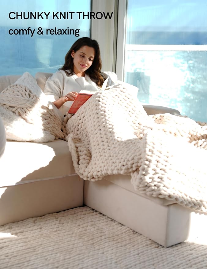 YnM Chunky Throw Blanket, Hand Knitted with Chenille Yarn, Skin Friendly, Ventilated and Breathable, Machine Washable, Home Décor Piece for Couch, Sofa and Bed (Butter Cream, 50x60 Inch)