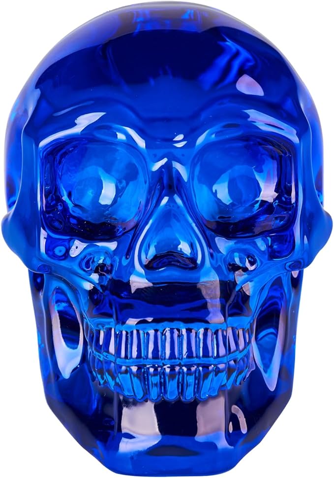 Crystal Halloween Skull Skeleton Decor, Blue Glass Skull Gifts for Men Home Decorations with Gift Box, Art Glass Day of The Dead Skull Halloween Paperweights Collectibles (Blue)
