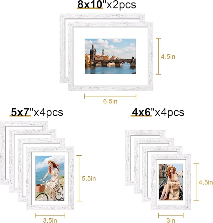decorUhome Picture Frames Collage Wall Decor for Photo Gallery Display, Assorted Picture Frames set of 10 Including Two 8x10 / Four 5x7 / Four 4x6 for Family Wall Decor, Distressed White, 10 Pack