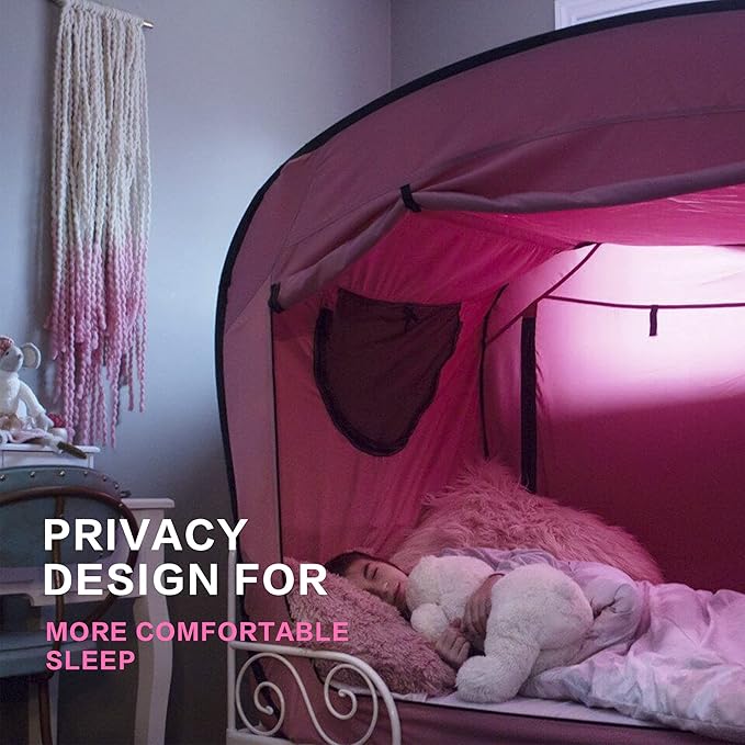 Bed Tent Twin Bed Canopy Portable Dream Tent for Adult Indoor Sleeping Tents with 2 Doors Breathable Private Space Tents, Pink