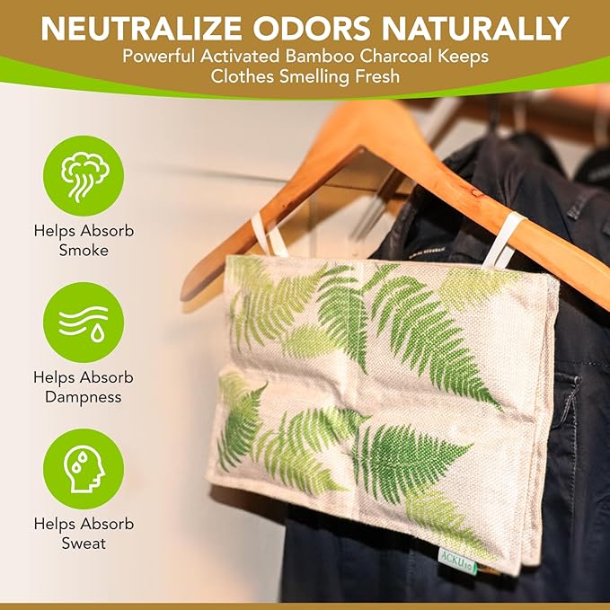Hanging Bamboo Charcoal Natural Odor Absorber for Clothing, Closets, Wetsuits, Gym Bags & More – Fragrance-Free, Chemical Free, Reusable, Long-Lasting (1-Pack)