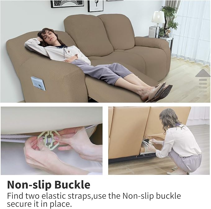 Easy-Going 8 Pieces Recliner Sofa Stretch Sofa Slipcover Sofa Cover Furniture Protector Couch Soft with Elastic Bottom Kids, Spandex Jacquard Fabric Small Checks Natural