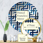 Symmetric Cubes in Deep Cobalt Blue - Geometric Maze - 32 Inches - Round Decorative Wall Mirror for Bathroom, Bedroom, Entryway, Living Room, Vanity Room and Modern Décor